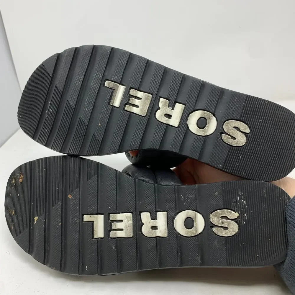 Sorel Ella II Puff Slide Sandal Womens Size 7.5 Black Leather Flat Slip On